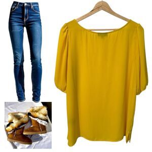 🔥4/$25 Premise Women's Mustard Yellow Short Sleeve Blouse Top